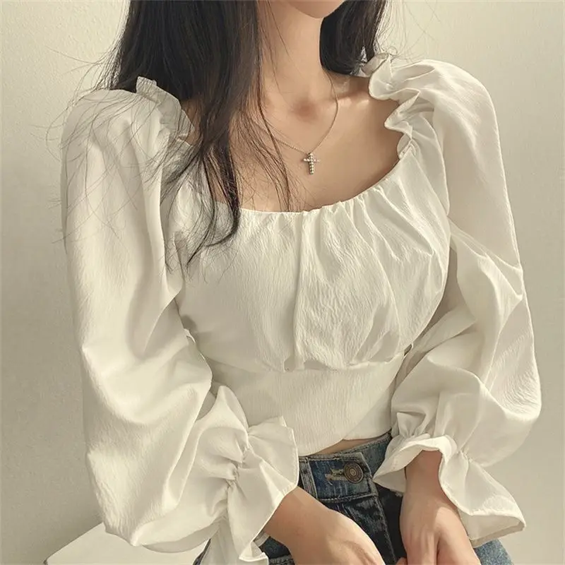 Spring New Style Bubble Sleeve Square Neck Shirt Women French Bow Long Sleeved White Shirt Cool Style Top