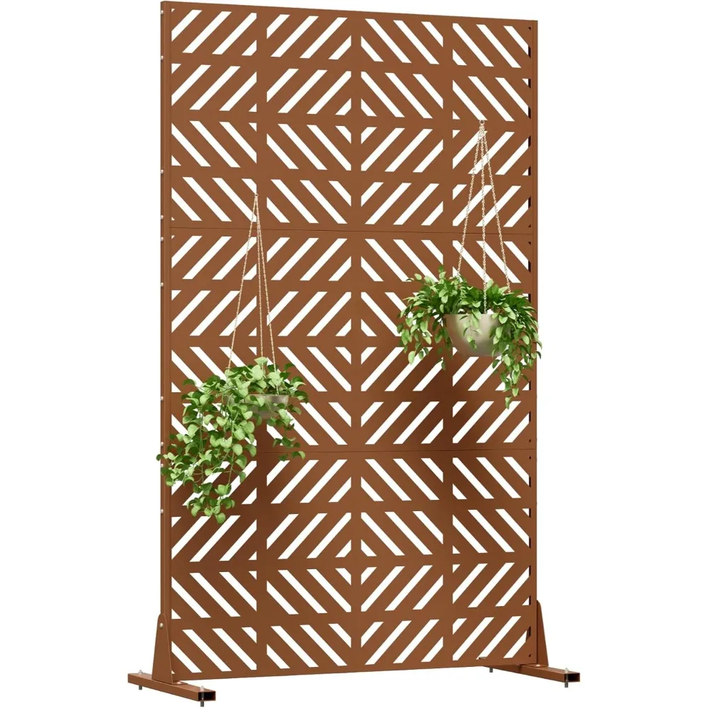 

Коричневый наружный металлический экран для конфиденциальности, 72 высота x 44 широкая отдельно стоящая панель для забора с подставкой, разделитель для патио