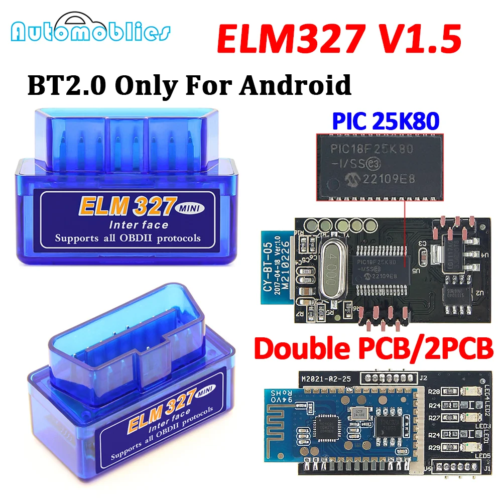 Double PCB V1.5 Mini ELM327 PIC18F25K80 ELM 327 V 1 5 OBD2 Car Diagnostic Scanner Bluetooth for Android for Torque Code Reader