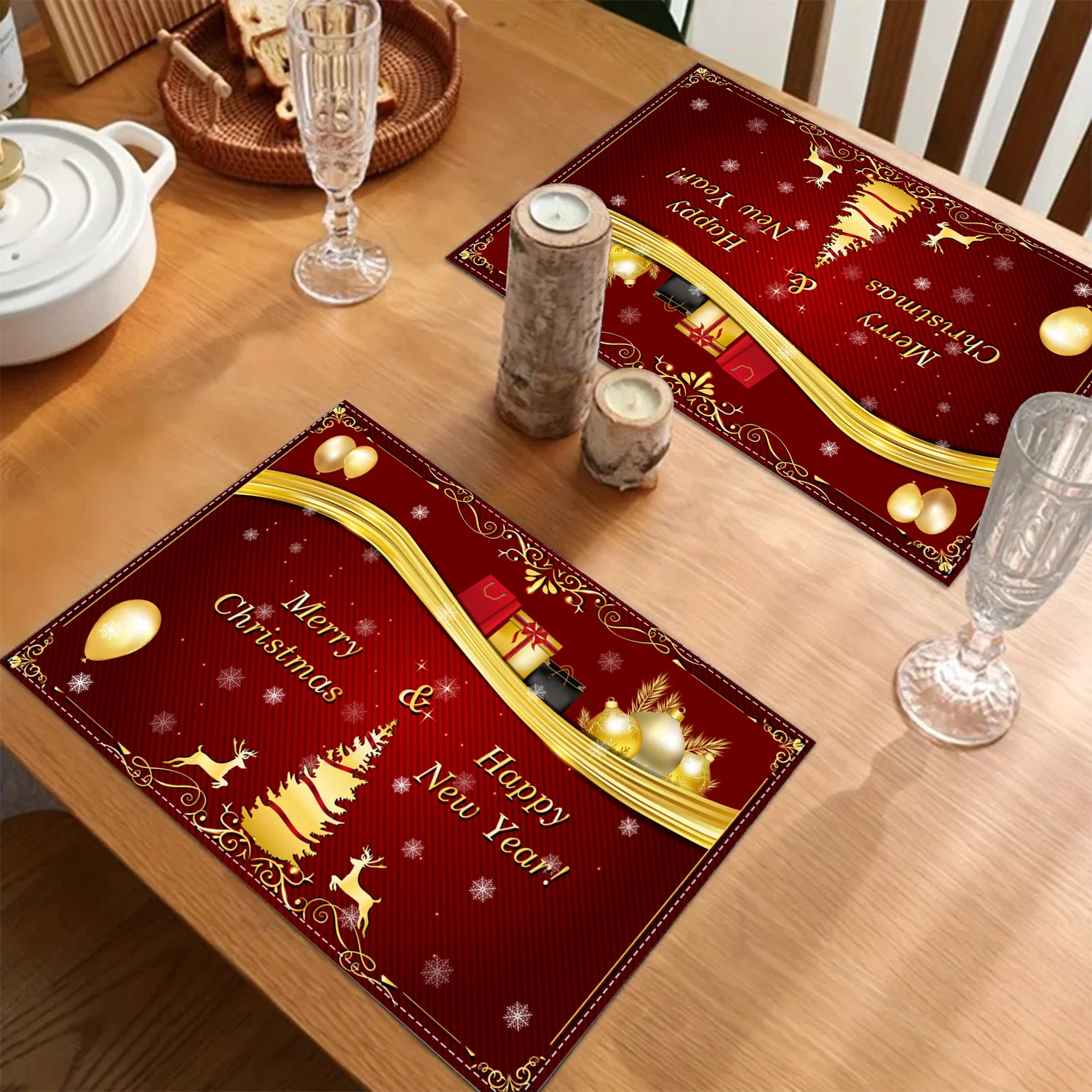 VIKAMA Christmas Linen Placemats 4pcs, Versatile for Home, Restaurant & Outdoor Use Placemats, Stain-Resistant & Heat-Insulated