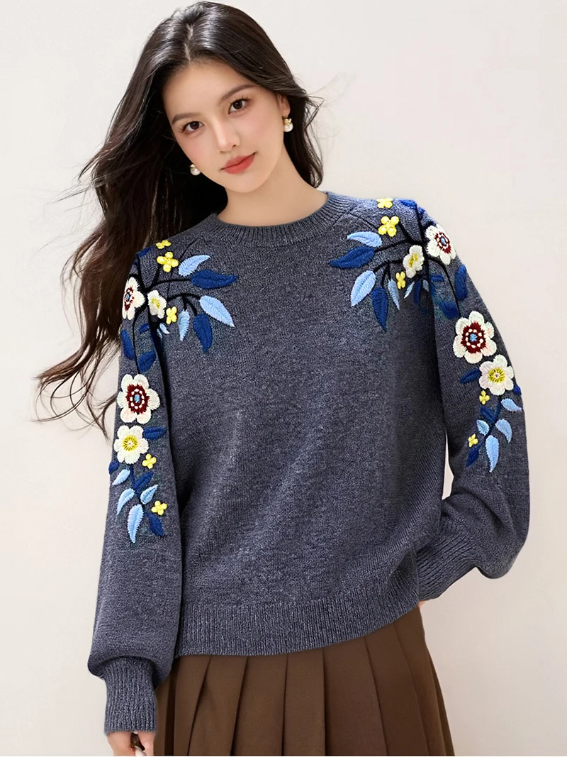 

Gray Floral Embroidered Pullover Women Sweater 2025 Autumn Winter Korean Style O-neck Long Sleeve Knitted Sweaters Tops Jumpers