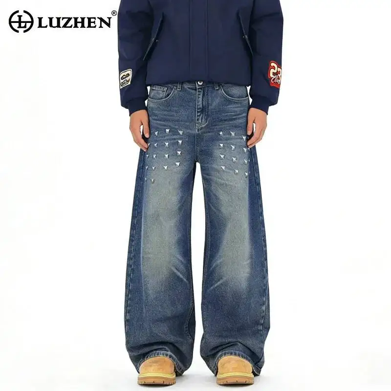 LUZHEN 2026 New Sequin Patchwork Decorate Loose Straight Denim Pants Men's Fashion Handsome Vintage Style Wide Leg Jeans JY7985