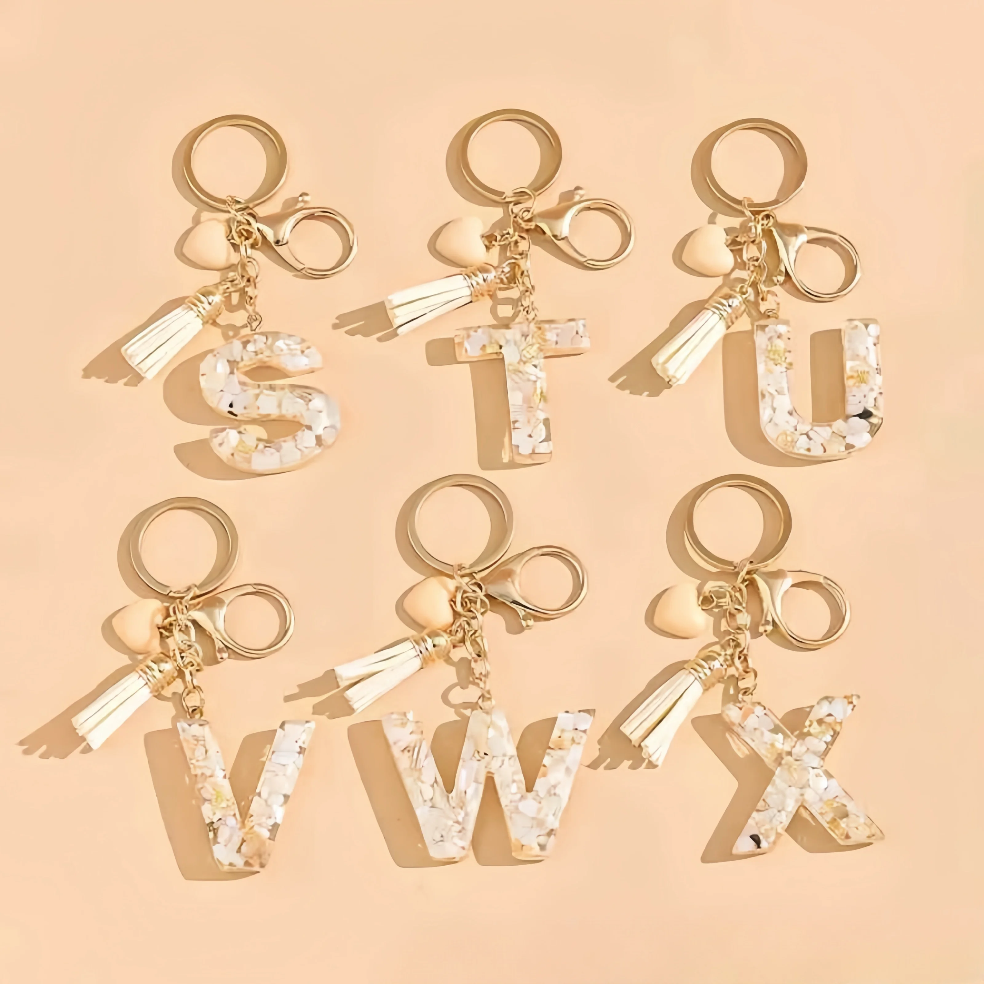 Chic Apricot Heart Tassel Letter Keychain White A-Z Initial Letter Charm Keyring for Women Bag Ornaments Car Trinket Accessories