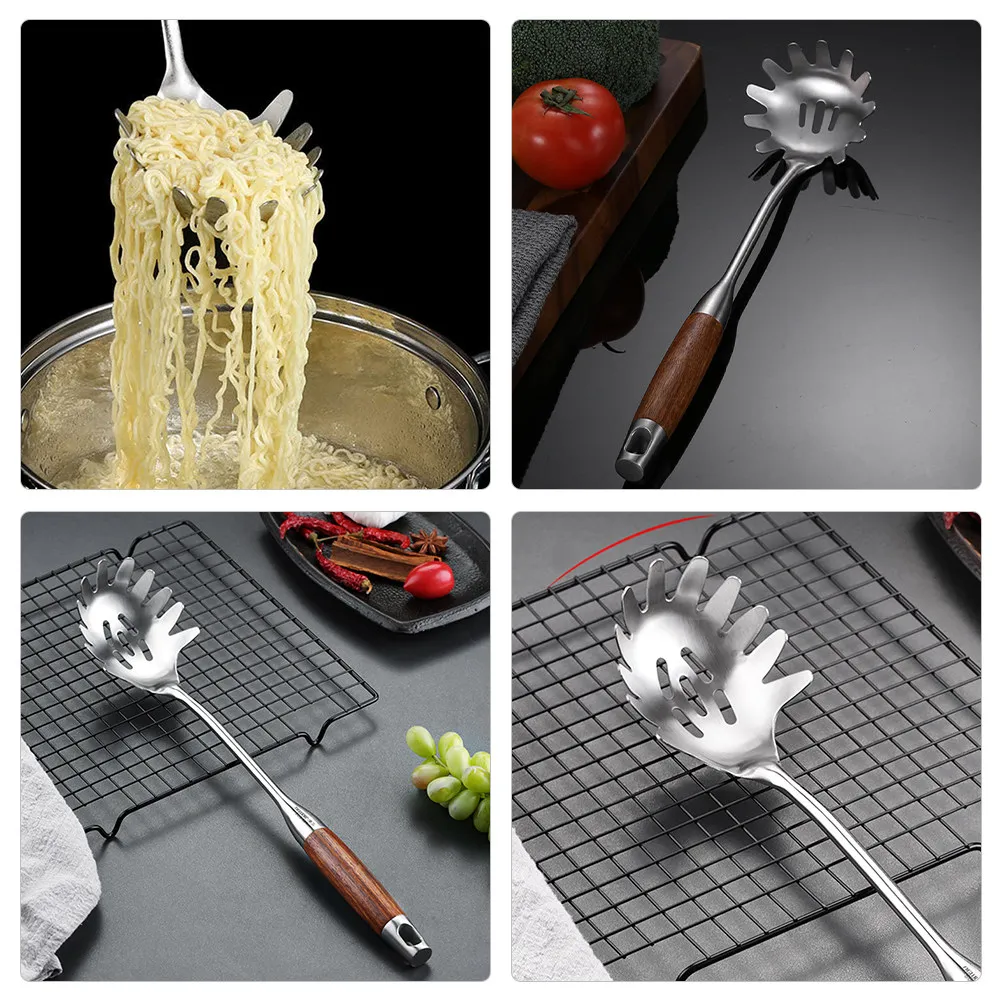 Long Handle Stainless Steel Spaghetti Server Spoon Kitchen Pasta Strainer Noodle Scoop High Temperature Resistant Cooking Tool