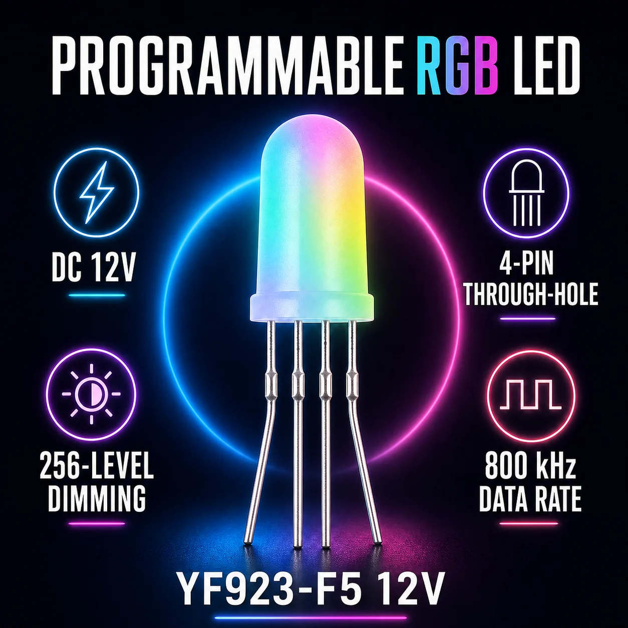 100PCS WS2812 DC12V 5V Beads Direct Insert F5MM RGB Phantom Integrated IC Light Emitting Diode Round Head Transparent Mist Surfa