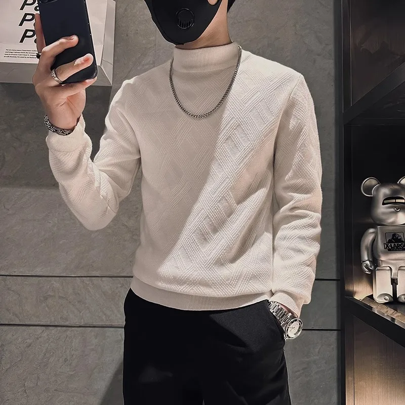 

High-quality Texture Sensation Sweaters Men's Winter Thicken Fashion Half High Collar Knitted Pullover Tops Men Clothing 2023