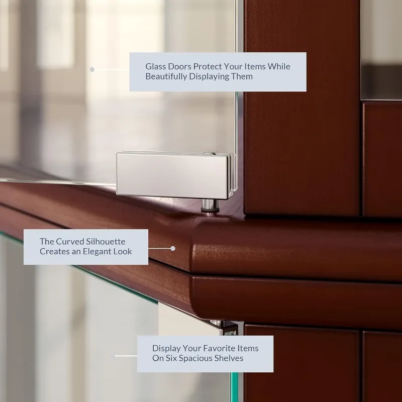 خزانة تحف بشاشة زاوية مضاءة، وحدة رفوف خشبية منحنية بطول 72 بوصة مع باب من الزجاج المقسى والبار وعوخ الخمور