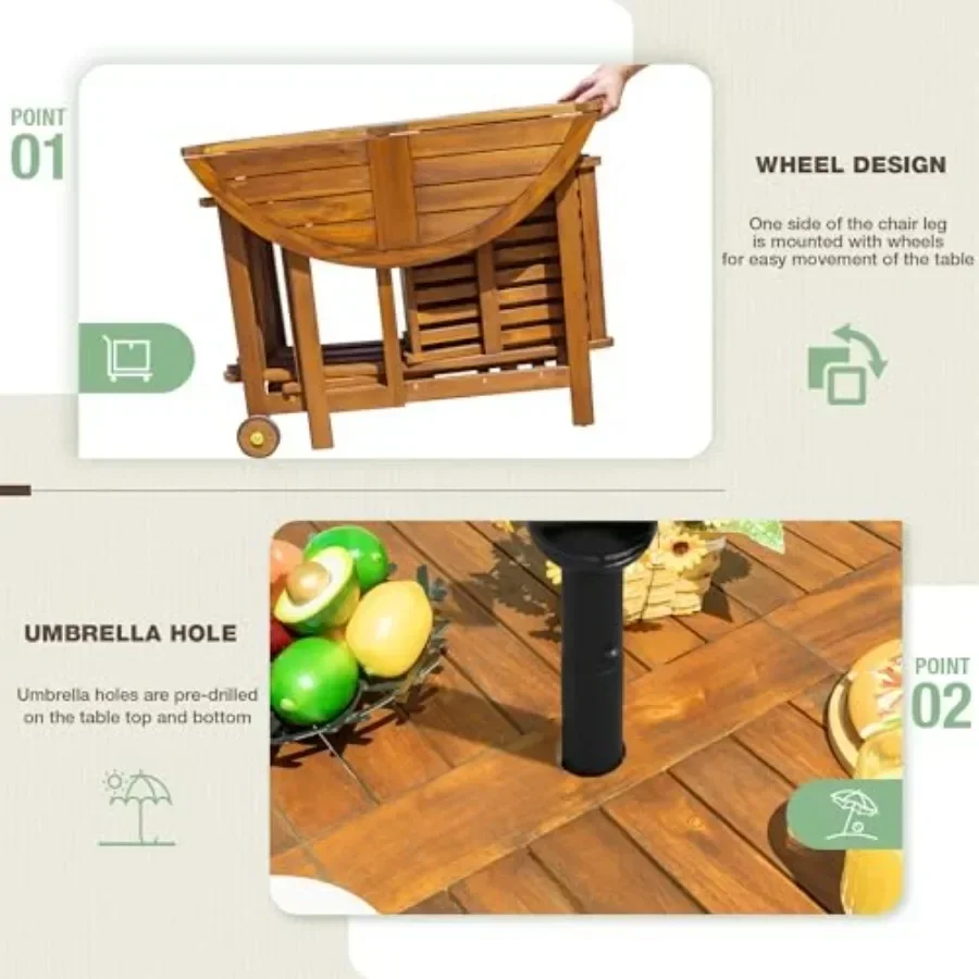 Outdoor patio folding table and chairs set for 4, acacia wood, natural brown, weather-resistant and space-saving design