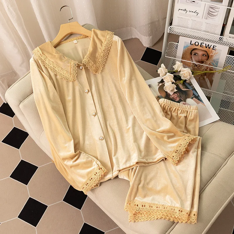 

Pyjama Pour Femme Loose Velour Home Clothes Yellow Velvet Sleepwear Sweet Lace Trim Nightwear Loungewear Female Pajamas Set