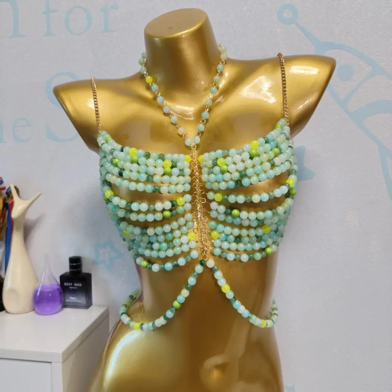 

New European And American Style Handmade Bead Chest Chain Camisole Vest For Women'S Beach Party Sexy Multi-Layer Bead Decoration