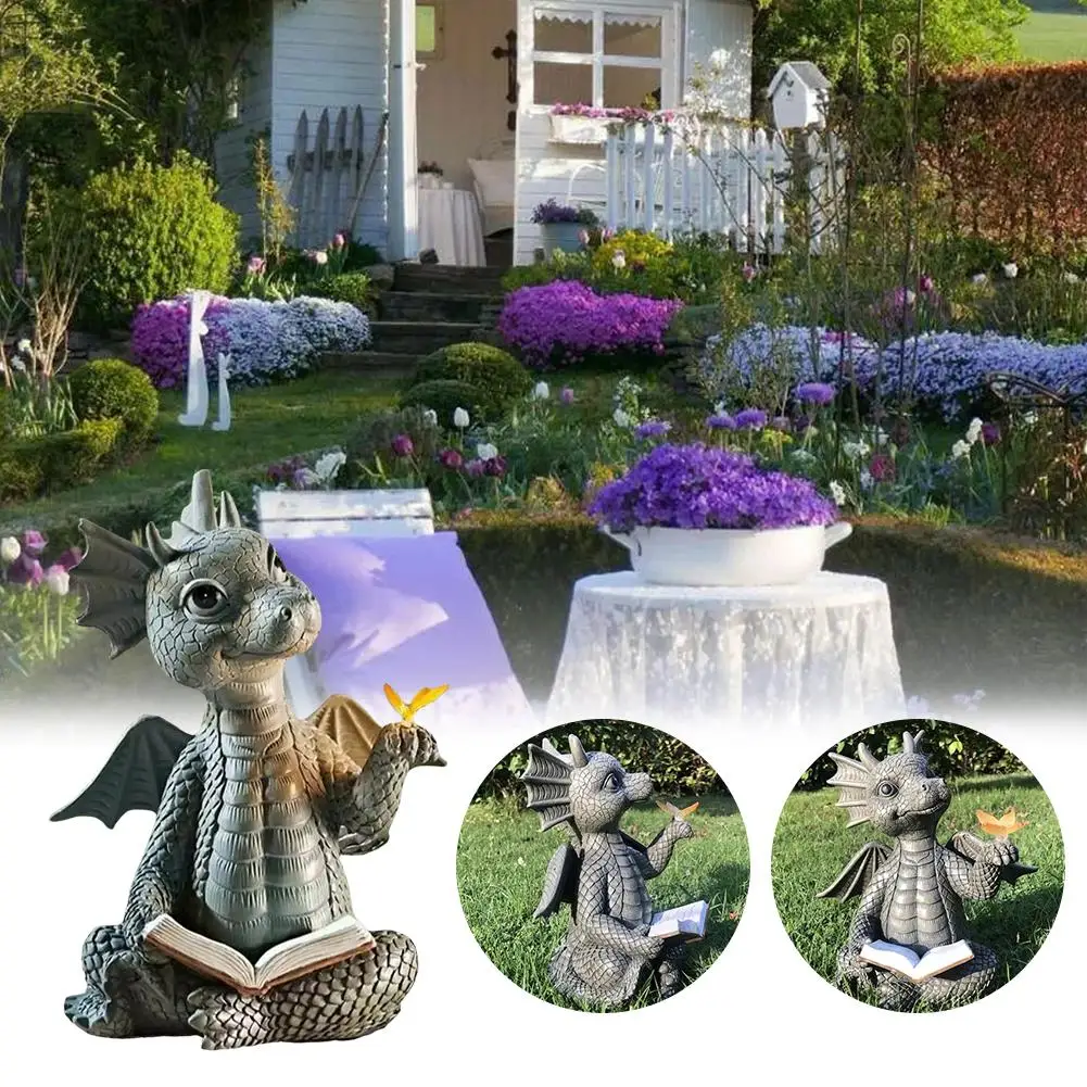 New Cute Little Dragon Dinosaur Meditation Reading Garden Resin Ornament Outdoor Figure Decor Sculpture Home Book Decoratio X9U4