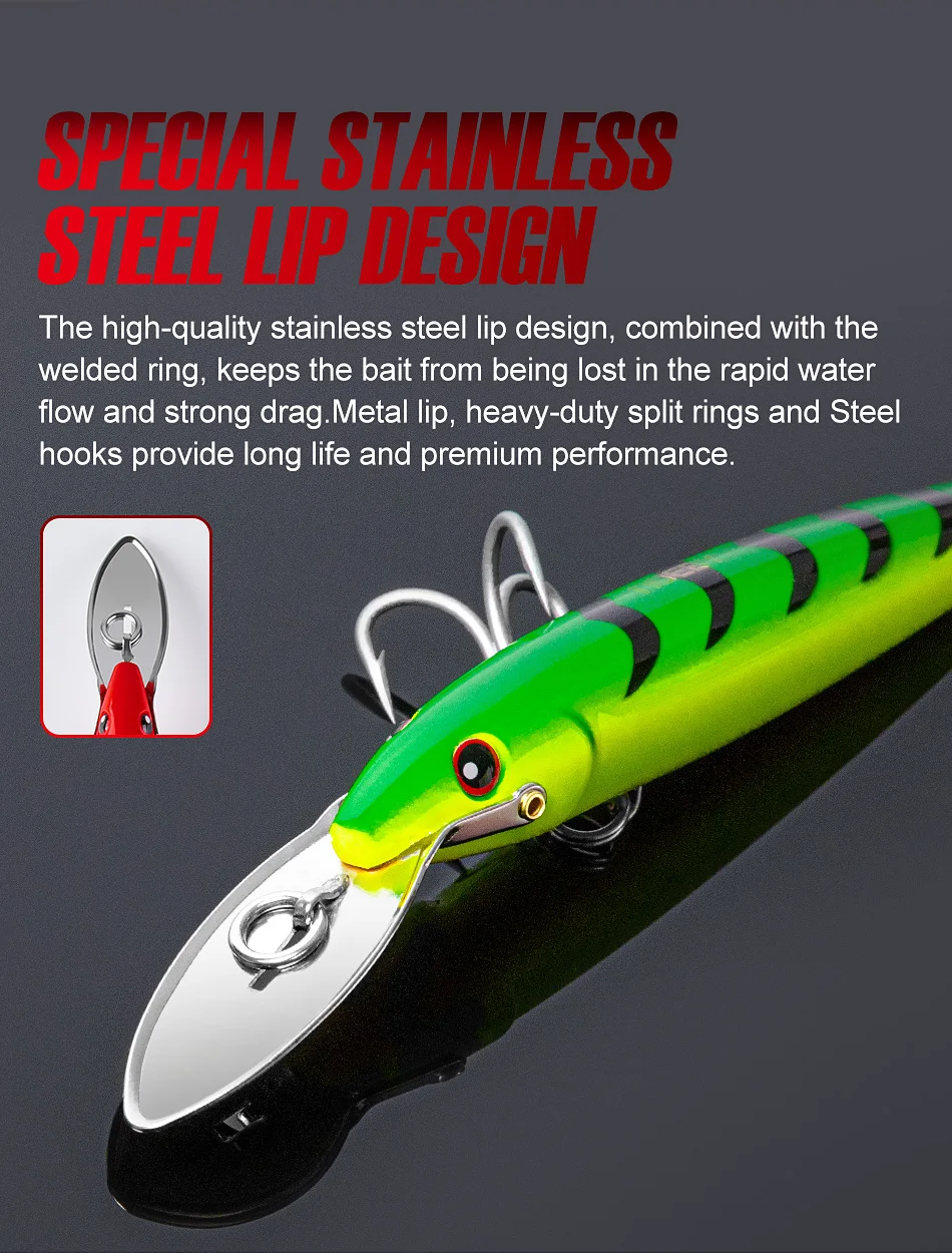 NOEBY 3-teiliges Trolling-Minnow-Köder-Set 130mm 32,5g 185mm 60g 225mm 76g Salzwasser-Bootsangelköder für Thunfisch – Detail 4