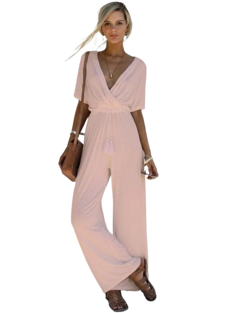 

Jumpsuit Women 2024 Summer V-neck Short Sleeve Elegant Streetwear Jumpsuits For Quality Clothing Pantolonlar Solid Color Romper