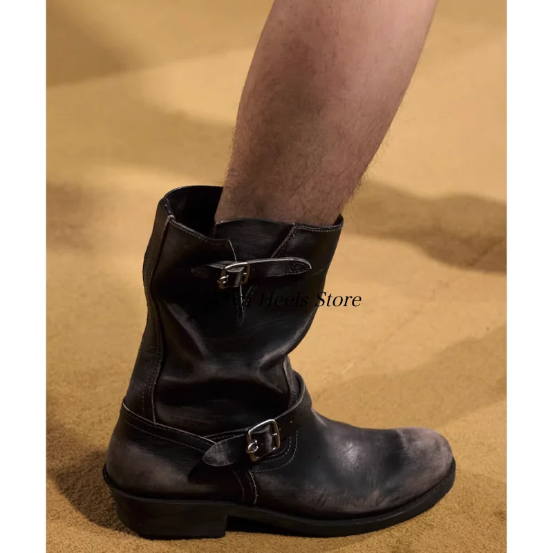 

Women's winter new in vintage round toe genuine leather flats boots pull on black western mid calf boot luxury designer shoes