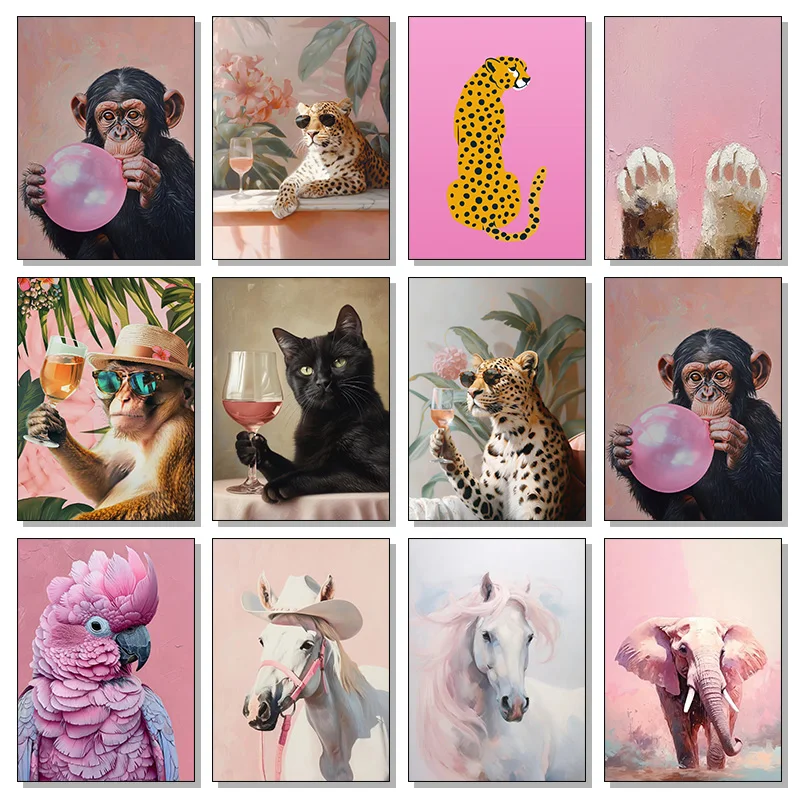 Pink Cat Cheetah Black Cat Leopard with Wine Animal Monkey Poster Trendy Diamond Painting Modern Boho Wall Art Teen Room Decor