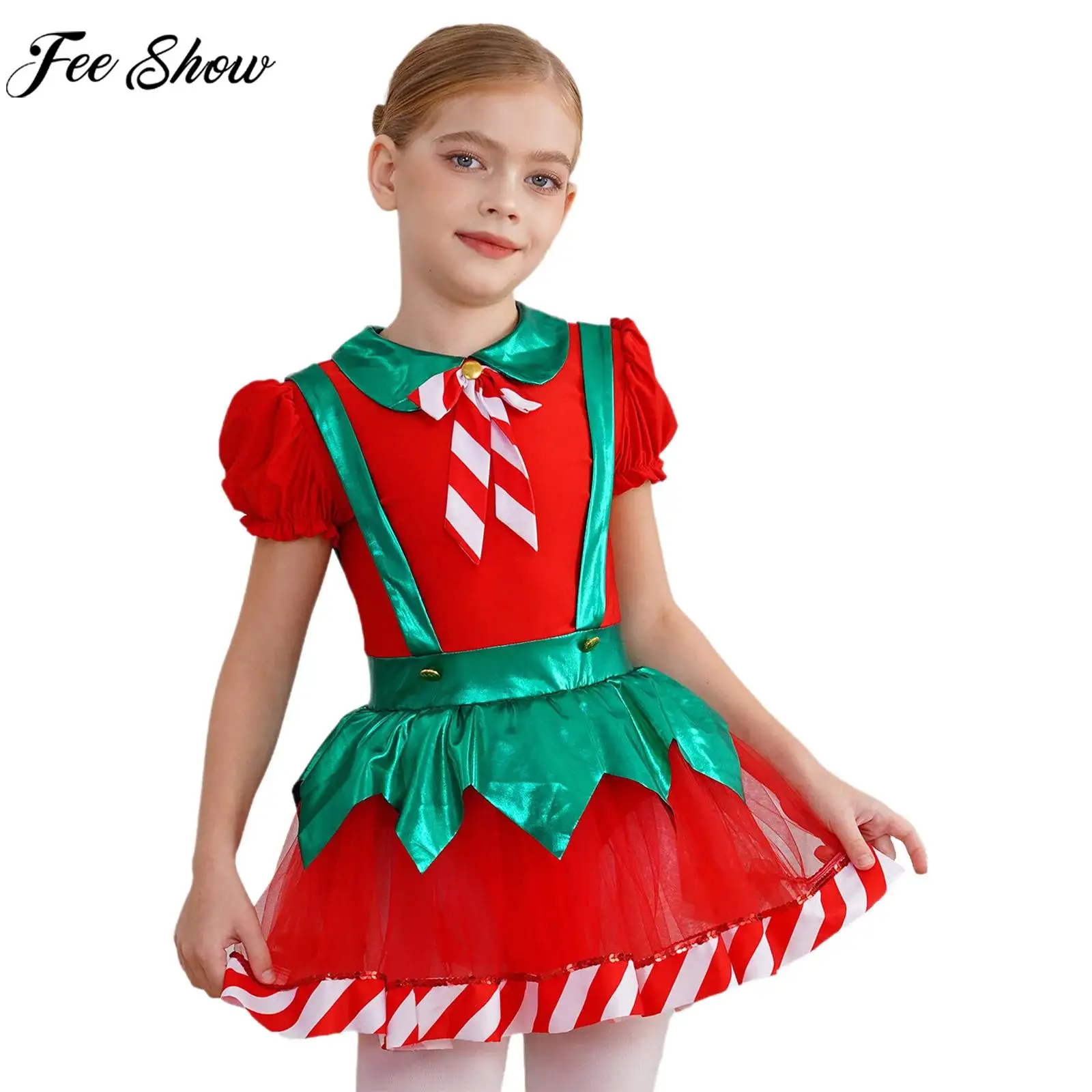 

Kids Girls Christmas Halloween Xmas New Year Costume Ballet Gymnastics Skating Dress Contrast Color Mesh Leotard Tutu Dancewear