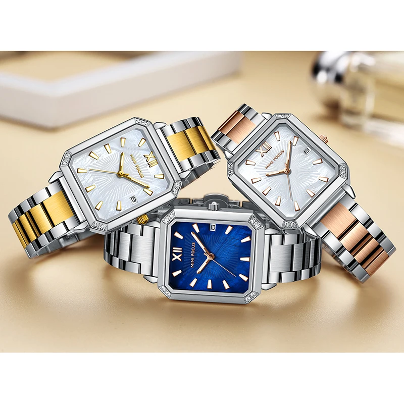 Mini Focus MF0472L Luxury Watch Square Diamonds Case Silver Stainless Steel Band Waterproof Women Quartz Watches