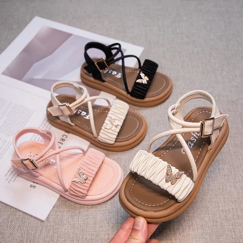 

Kids Princess Pleated Sandals Girls Rhinestone Sandals with Butterfly-knot Fashion Children Cross Summer Beach Shoes Sweet