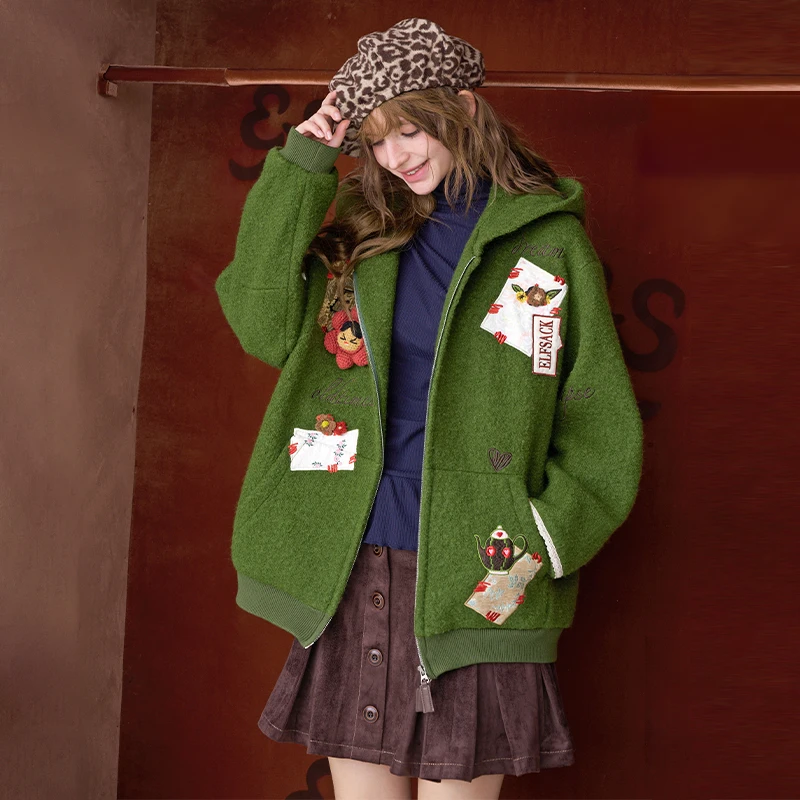 ELFSACK 2025 Y2K Preppy Hooded Coat Women, 3D Crochet Flower Wool Blend Coat, Cottagecore Elegant Winter Jacket