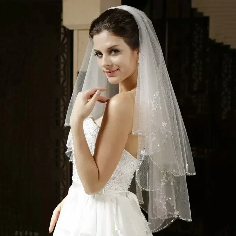 Popular White Ivory Woman Bridal Veils 2023 Wedding Veils 2 Layers  Handmade Sequins Beaded Edge With Comb Accessories