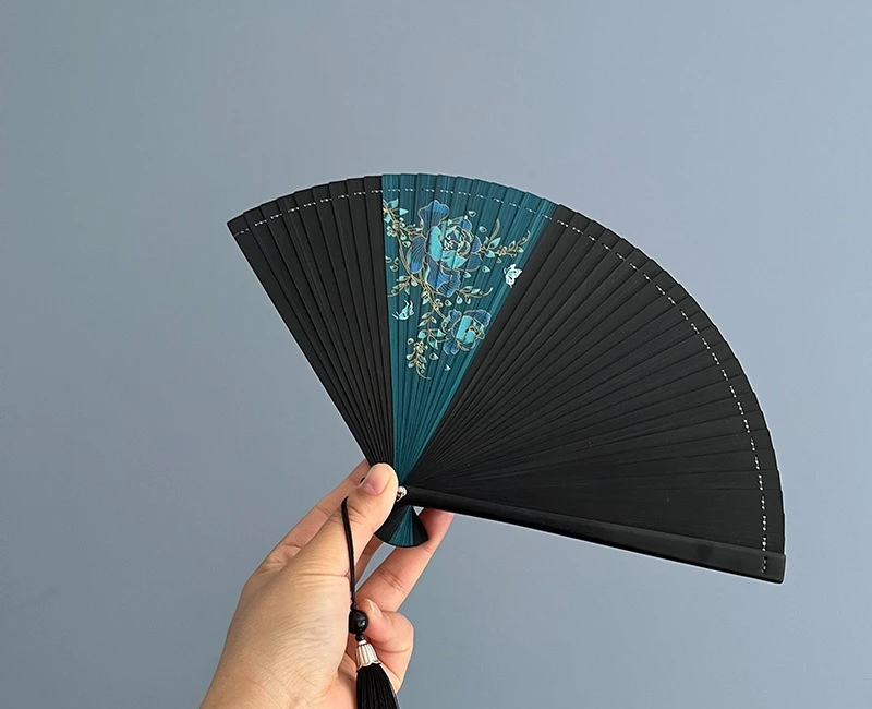 Red & Black Bamboo Folding Fan, Hollow-Out Mini Design, 18cm Chinese Style Dance Fan