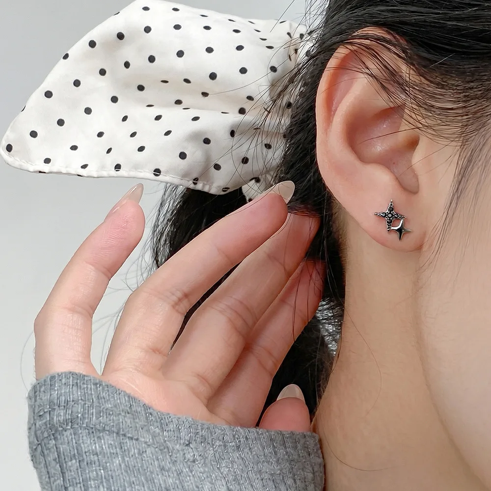 [Cciris.Com] S925 Silver Black Diamond Star Thread Earrings Nickel Free   Minimalist Wholesale Dainty Jewelry for Women