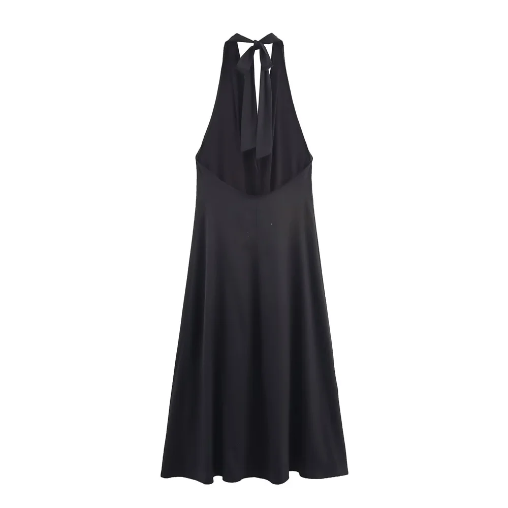 New women's European and American style bow decoration hanging neck MIDI dress