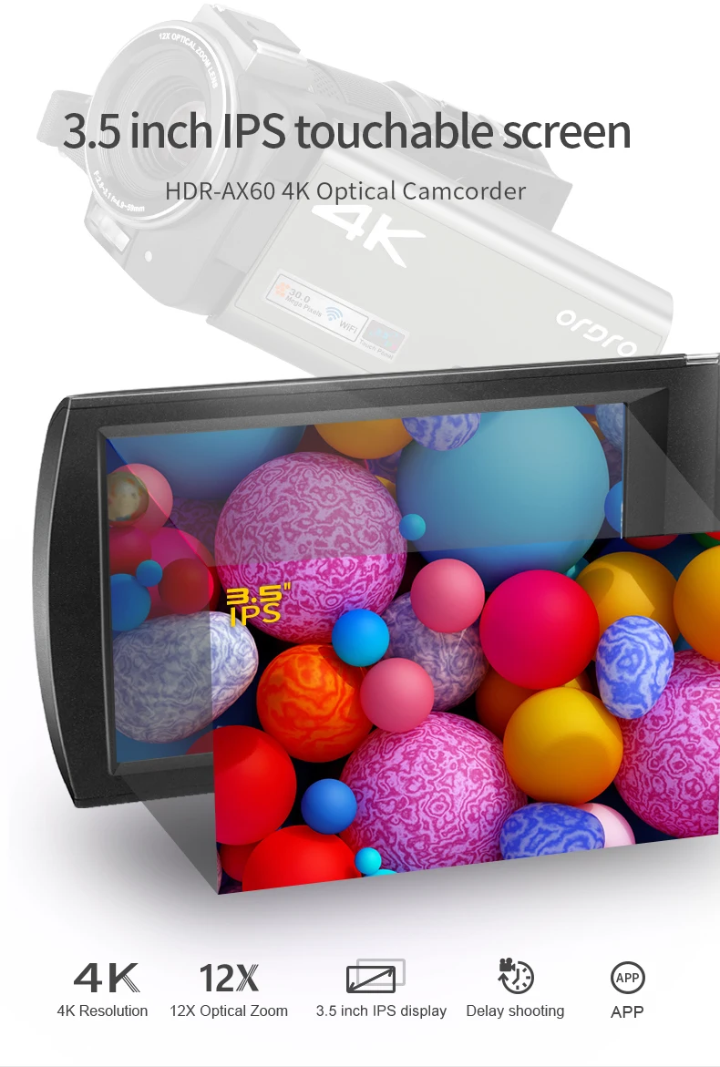 كاميرا ORDRO AX60 4K للبث المباشر كاميرا فيديو رقمية 12x زووم بصري شاشة لمس كبيرة لصور فيديو مدونة الفيديو على YouTube
