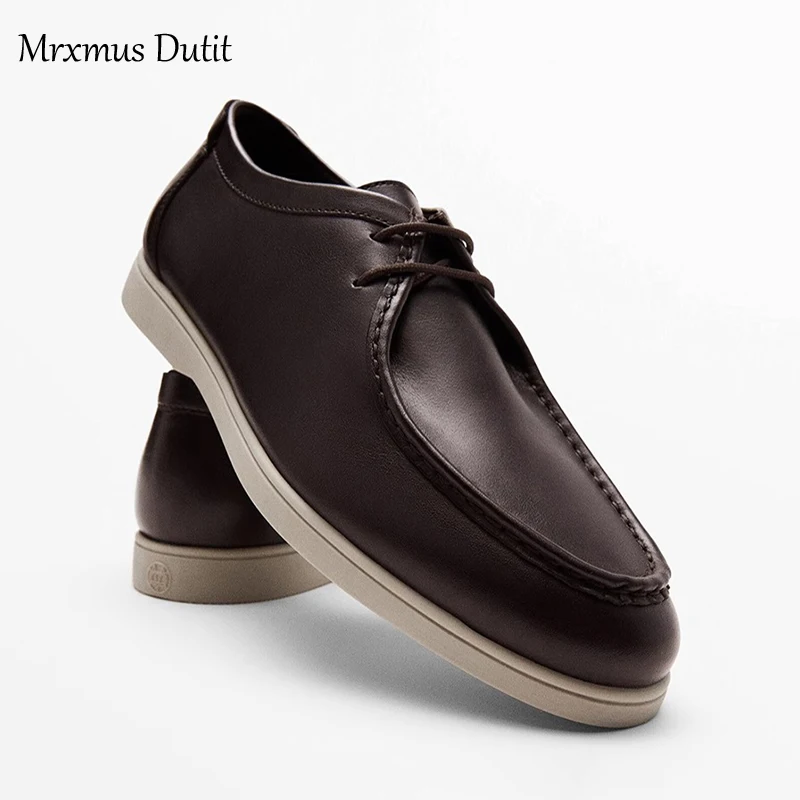 Mrxmus Dutit 2023 Autumn Fashion Men New Genuine Leather Flat Commute Style Shoes Lacing Solid Color Casual Simple Male Chic