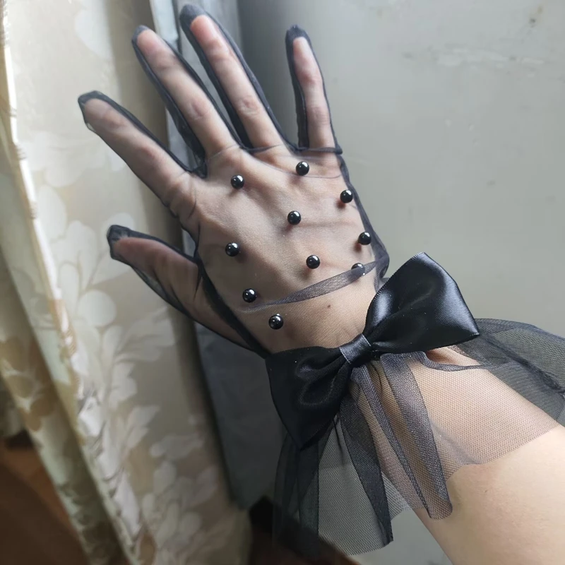 Black Elegant Mesh Pearl Gloves Short Butterfly Bridal Wedding Party Cosplay Photoshoot Sheer Tulle Gloves