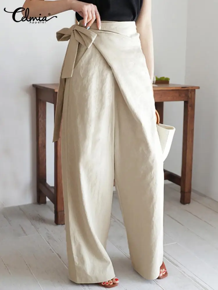 Celmia Elegant Asymmetrical Cotton Linen Bandage Pants 2024 Summer Women Fashion Wide Leg Pant High Waist Casual Long Trousers