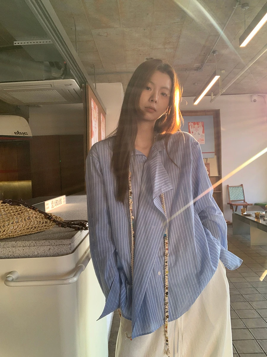 

Синяя полосатая свободная женская рубашка с защитой от солнца, летняя верхняя одежда, повседневная хлопковая рубашка с воротником и длинными рукавами G Sle 2026 N