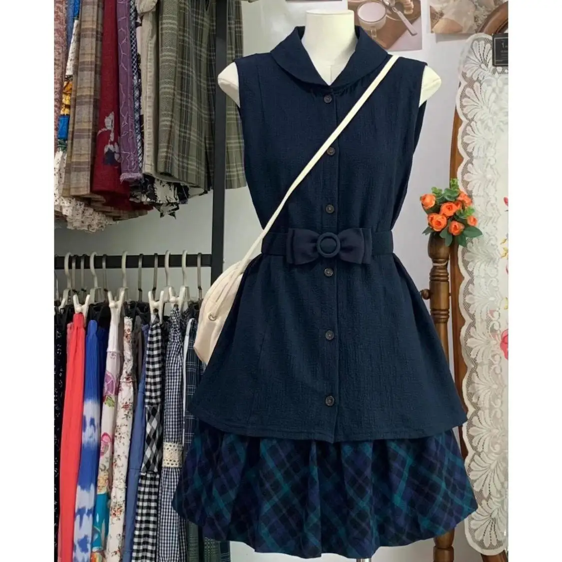 빈티지 하이웨이스트 스커트 세트 여성 일본 스타일 슬림 민소매 탑 + 슬림 Y2K 미니 스커트 레트로 플래드 스커트 한국 슈트