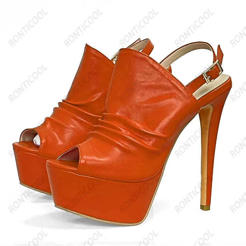 Ronticool Handmade Women Sandals Faux Leather Buckle Sexy Stiletto Heels Peep Toe Elegant Black Party Shoes Ladies US Size 5-20