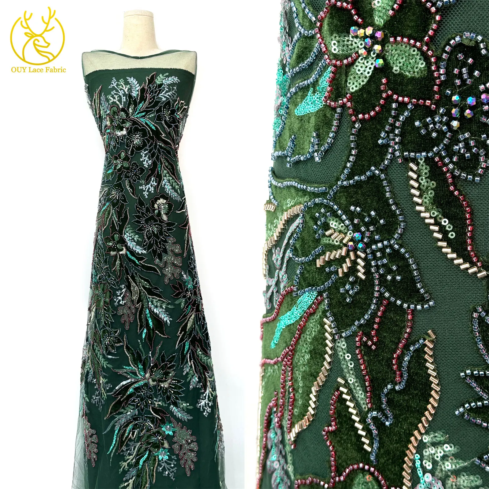 Nigerianischer Luxus-Samtstoff mit Perlen und Spitze 2026 – Hochwertiger afrikanischer Pailletten-Französischer Mesh-Stoff für Damen-Hochzeits- und Partykleider zum Nähen – Detail 5