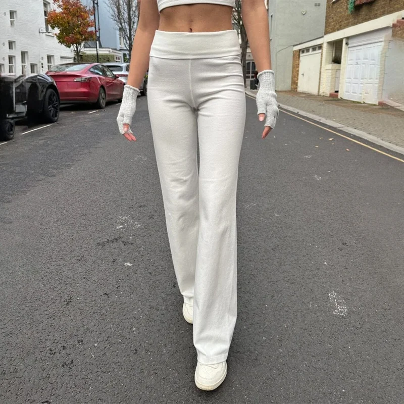 Pantalon de couleur unie pour femmes, pliable, taille basse, droit, pantalon de survêtement des années 2000, esthétique y2k