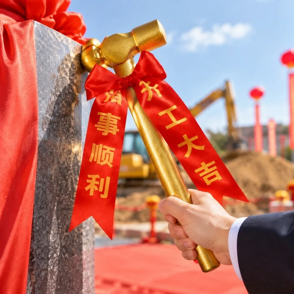 Good Fortune Golden Golden Hammer Round Tip Elegant Appearance Decoration Hammer Red Matching Ribbon Round Tip Groundbreaking