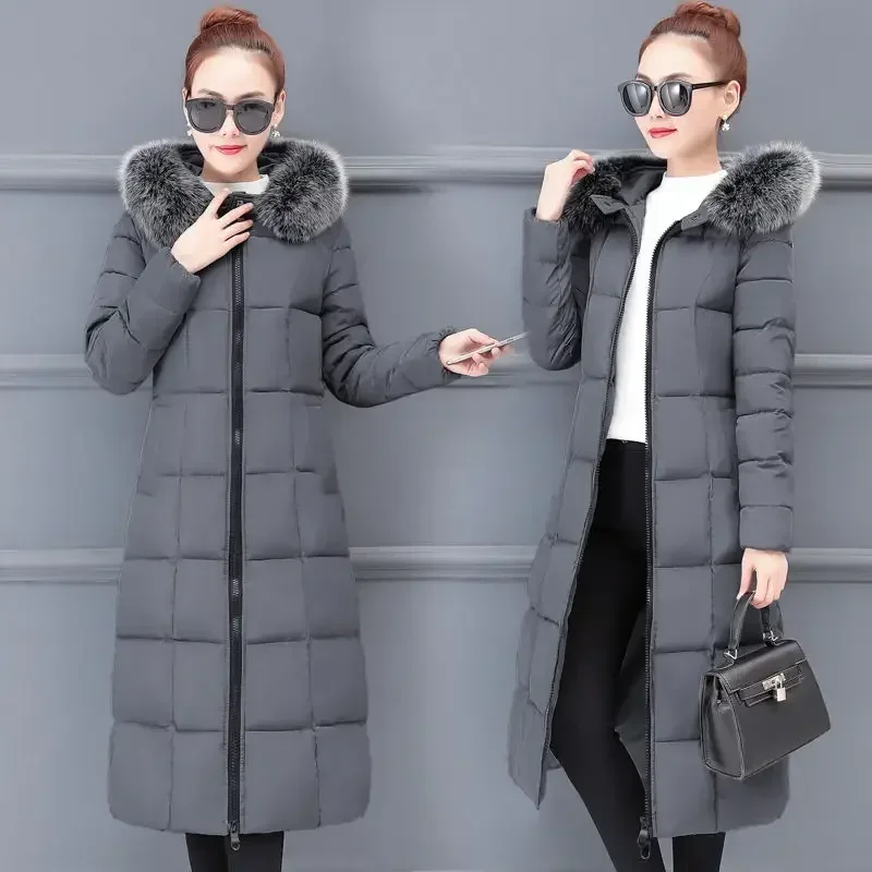 Fashion Winter Womens Cold Coat Long Fur Collar Hooded Padded Jacket Super Hot Snow Outercoat Slim Fit Keep Warm Cheap Wholesale