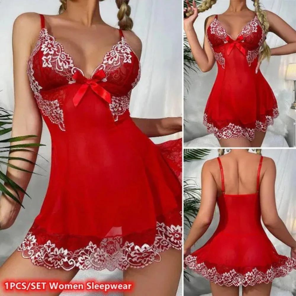 

1PC/SET Women Red Sleepwear Perspective Lace Mesh Spaghetti Strap Nightdress