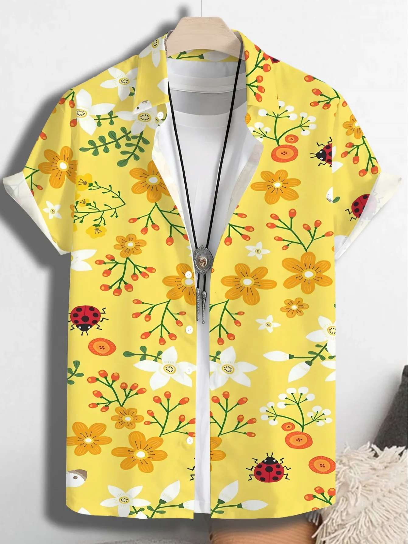 Men Casual Summer Beach Shirts Purple Background White Orange Daisy Floral All Over Print Short Sleeve Lapel Hawaiian Shirt