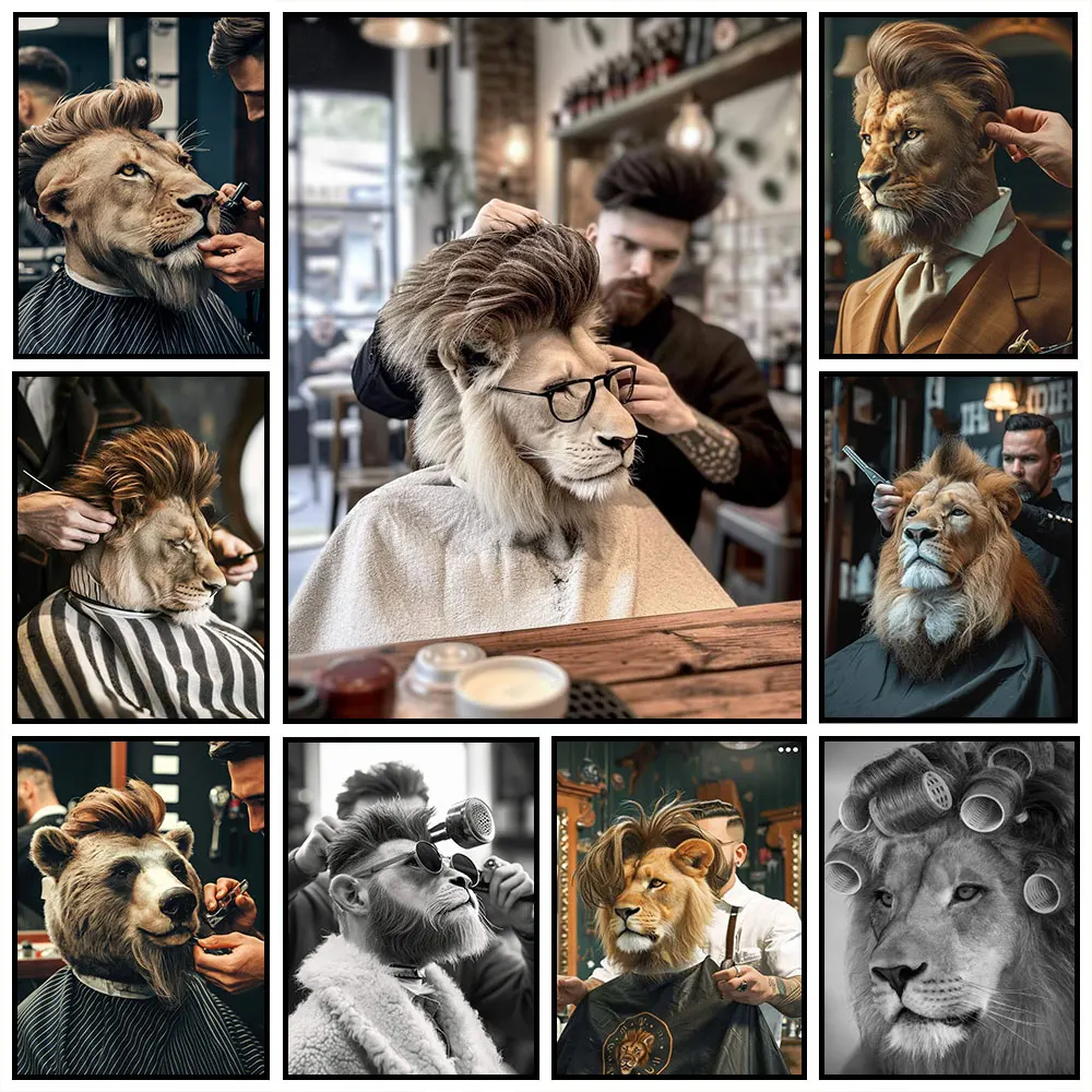 Funny Hairstyle A Lion At The Barbershop Hairdresser Art Poster Canvas Painting Wall Prints Picture Room Barbershop Home Decor