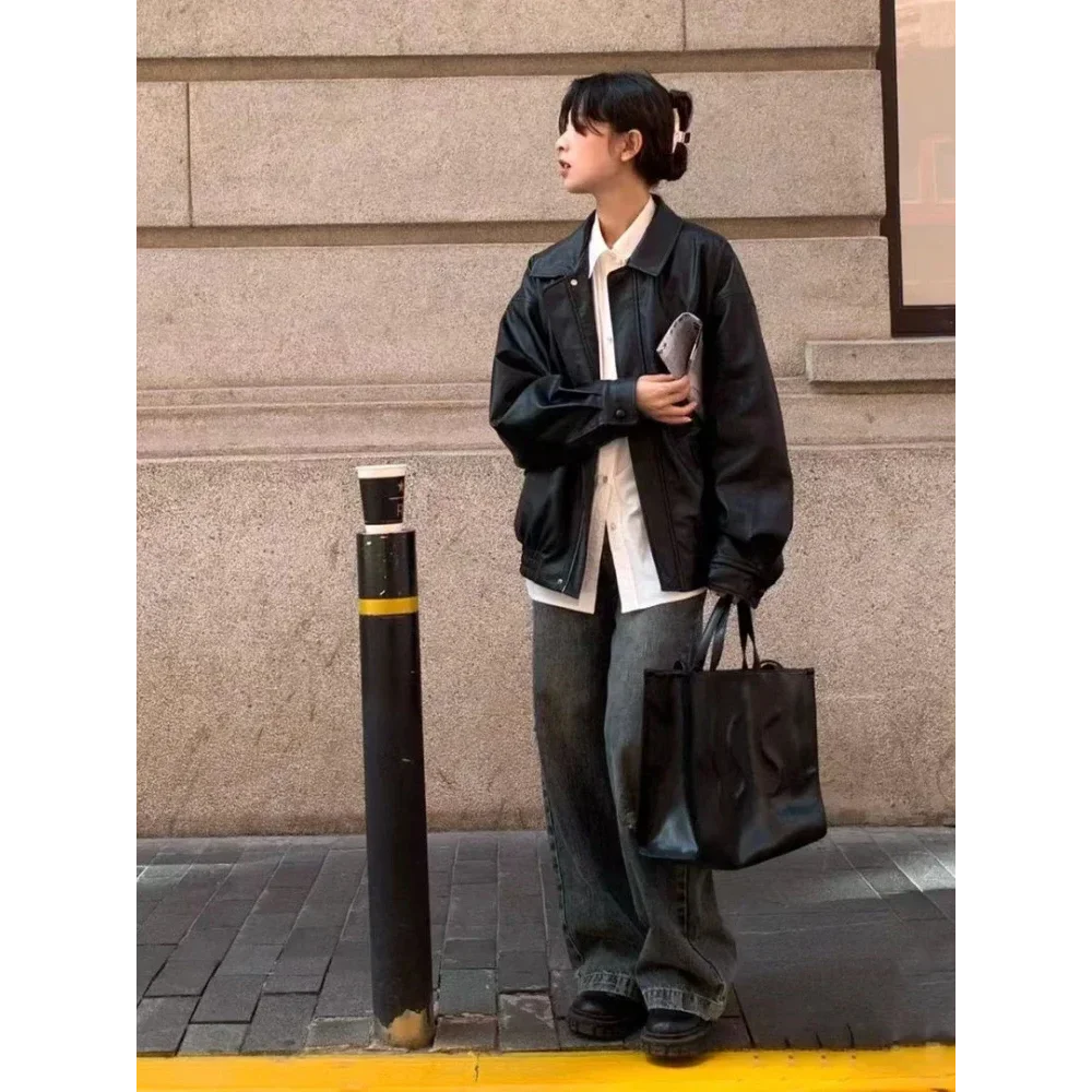 Vintage kunstleer jas dames streetwear moto biker jassen losse casual pu jas