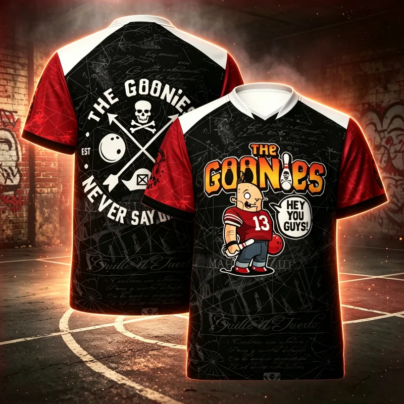 New The Goonies Cartoon Character V Neck Bowling Sports Jersey Crossbones Text Front Back Breathable Quick Dry Family Kids Tees