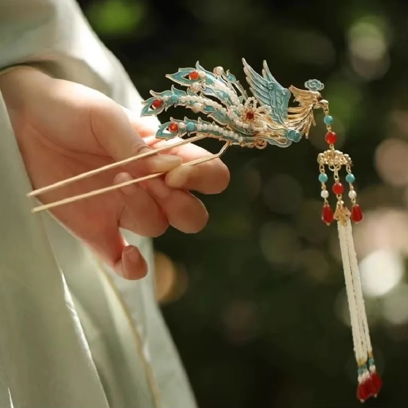 Women\'s Hairpin Blue Phoenix With Beaded Fringe Chinese  Headwear