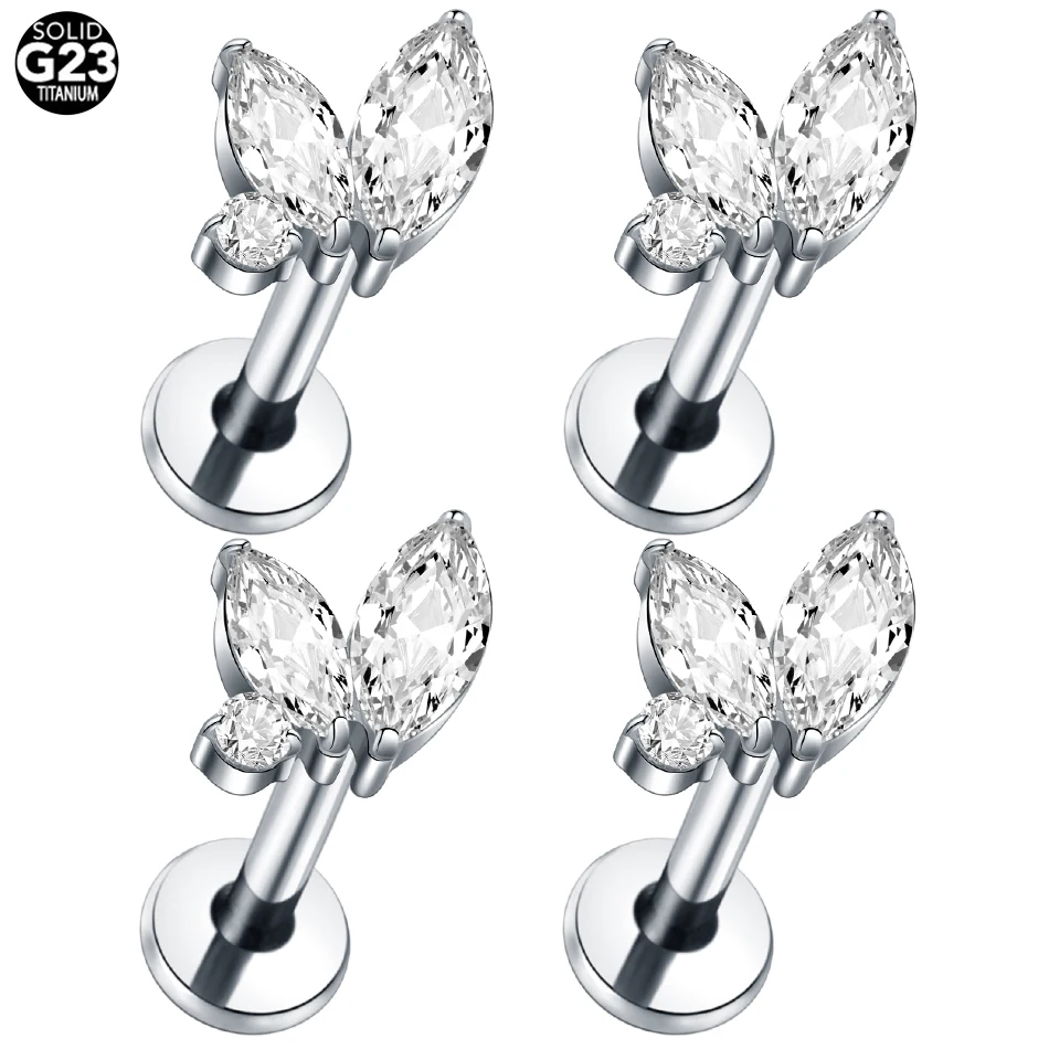 1/5pcs Titanium Internally Threaded Labret Piercing Double Marquise and Round CZ Top Helix Tragus Piercing Body Jewelry