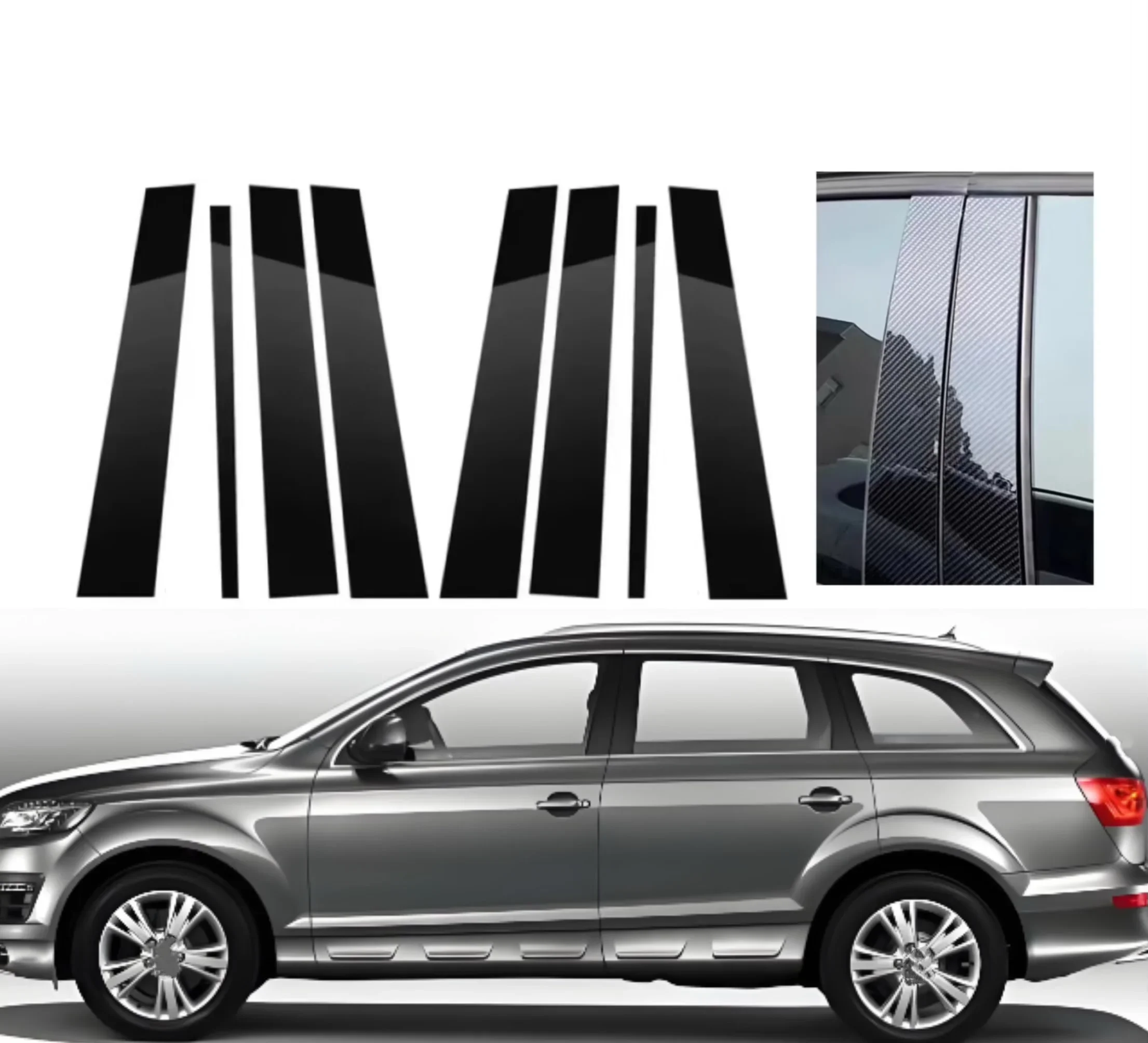 For Audi Q7 4L 2006-2015 8PCS High Gloss Black & Silver Carbon Fiber Window Pillar Post Cover Protective OE Set