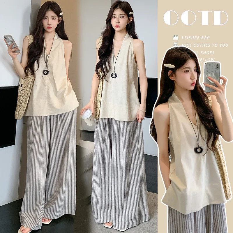 

Maternity Suit Summer Sleeveless V Neck Halter Top and Stripe Wide Leg Pants Casual Loose Breathable Comfortable for Pregnancy
