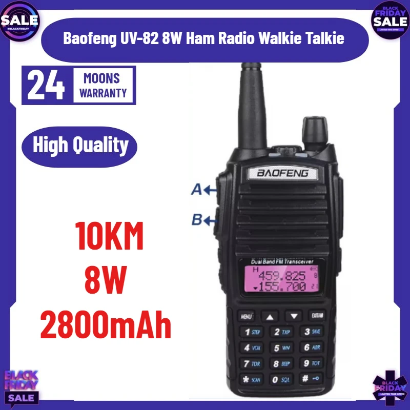 2800mAh 10KM Baofeng UV-82 5W/8W Ham Radio Walkie Talkie Dual PTT Black/Camo Handy Amateur Radios Upgrade UV-5R for Hunting