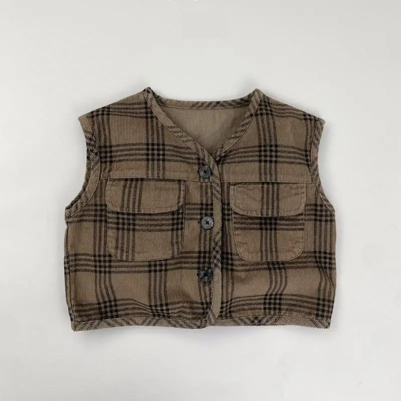 

2025 Autumn New Children Sleeveless Plaid Vest Boys Cargo Jacket Fashion Kids Corduroy Coat Baby Girls Casual Vest Cardigan