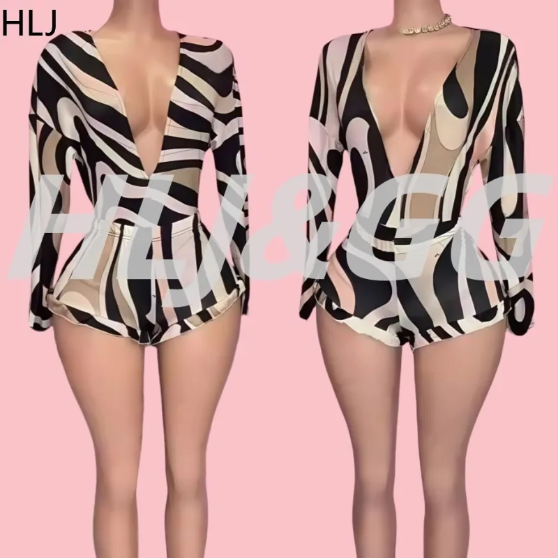 

HLJ Summer New Sexy Stripe Print 2 Piece Sets Woman Outfit Long Sleeves Deep V Neck Rompers Female Streetwear Overalls 2025
